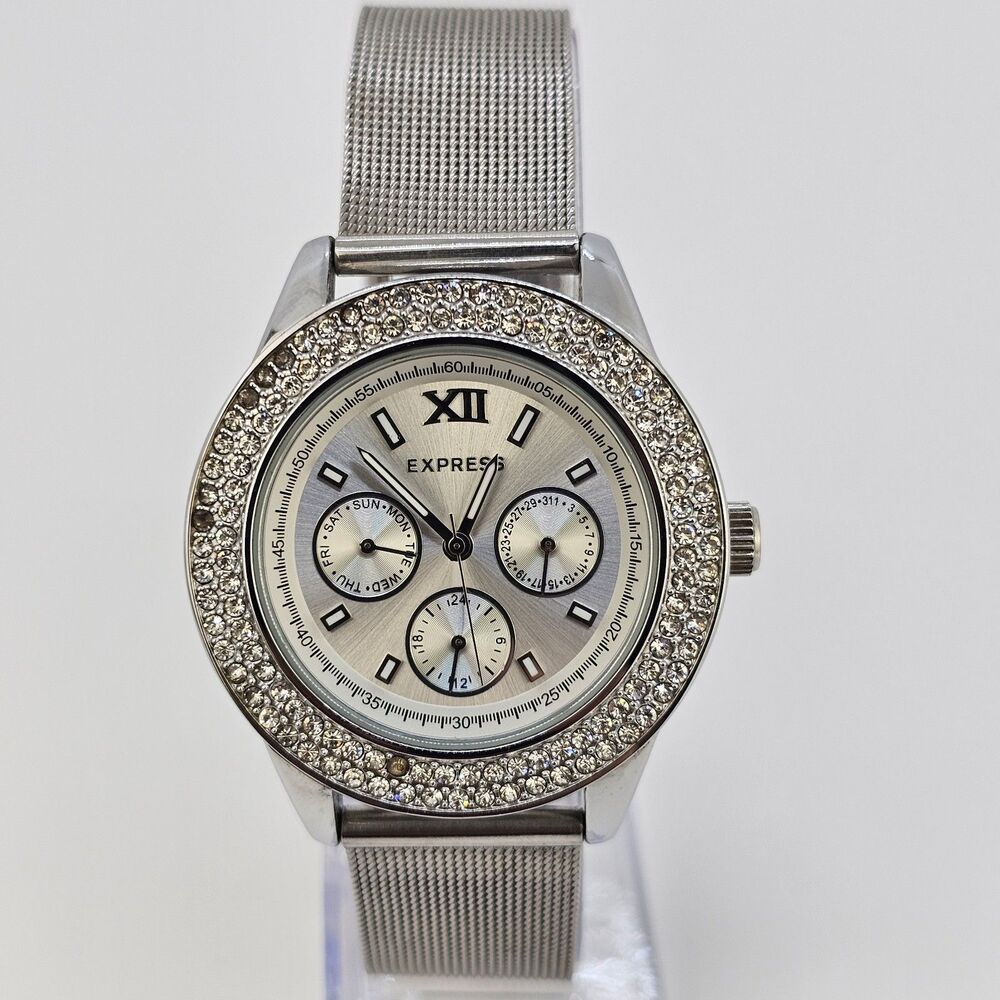 Express Women's Watch 38MM Gray Dial Crystal Bezel Gray Band New Battery